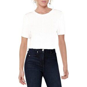 DKNY Women's Knit Ribbed Trim Crop Sweater Short Sleeves White Size Small
